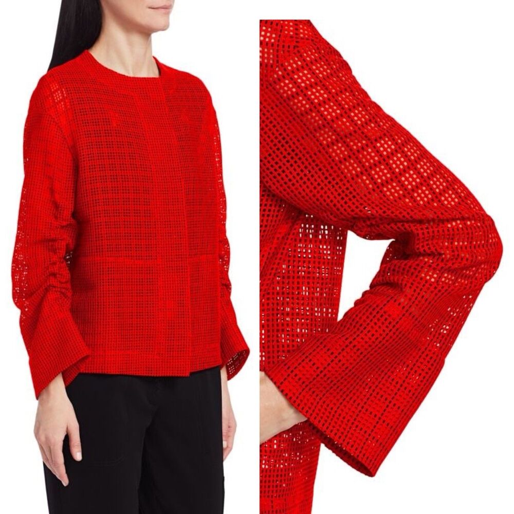 AKRIS Punto Mesh Grid Jacket Luminous Red Semi Sheer Adjustable Sleeve - Picture 3 of 16